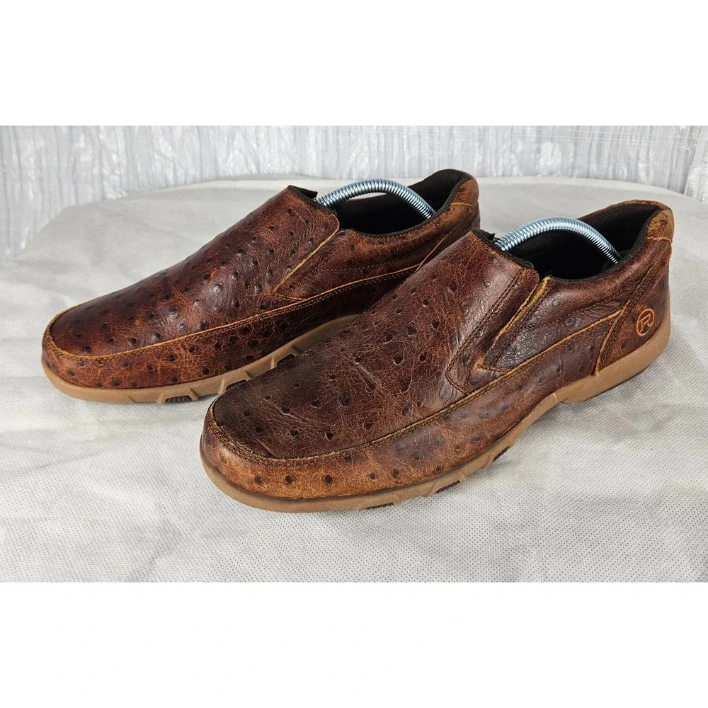 Roper Men's 10.5 Cognac Ostrich Print Leather Slip On Casual Driving Mocs Shoes